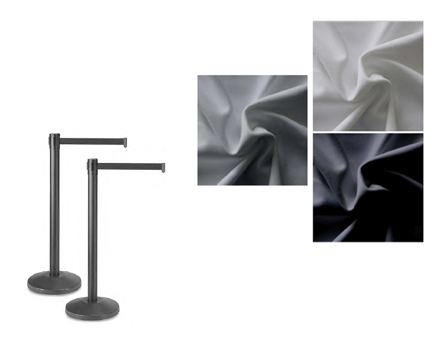 PIPE AND DRAPE — Poles,  8-10’ Fixed or Adjustable Bases, Black or Silver  Drape, Black Velour. Ask about options. 