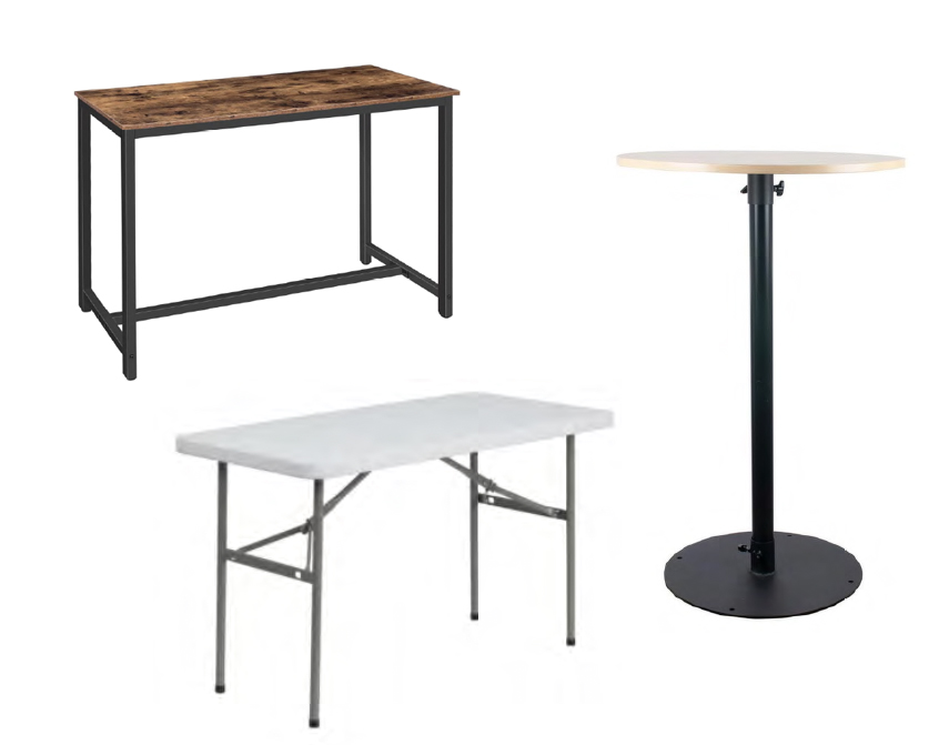 TABLES — Bar tables, 4 ft. tables, cocktail tables and more. Ask for options. 